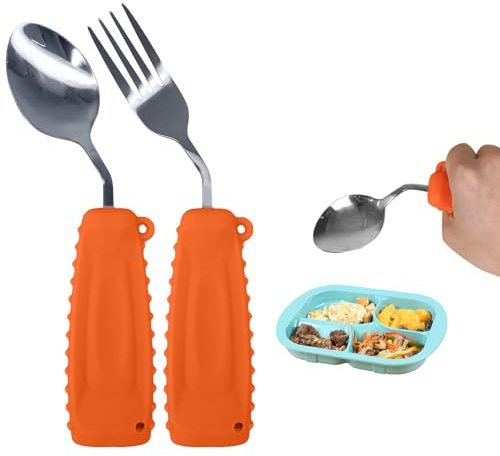 Utensilios adaptativos, cubiertos pesados para pacientes temblorosos y con enfermedad de Parkinson, utensilios para ancianos, juego de cuchara y tenedor (naranja-derecha)