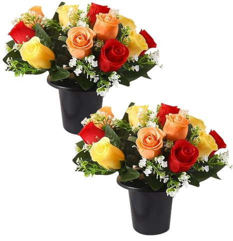 JOAASU Artificial Flowers For Graves, 2pcs Grave Flower In Pot, Artificial Grave Flowers Pots, 12 Head, Artificial Flower for Cemetery, Memorial, Christmas Decorations (Red, Orange, Yellow)