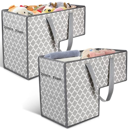 Stair Storage Basket 2-Pack Stair Baskets for Carpeted Stairs or Wooden Stairs, Collapsible Staircase Basket for Clothes Book Organizer, Decorative Baskets for Stair Home Organizers (Style 1)