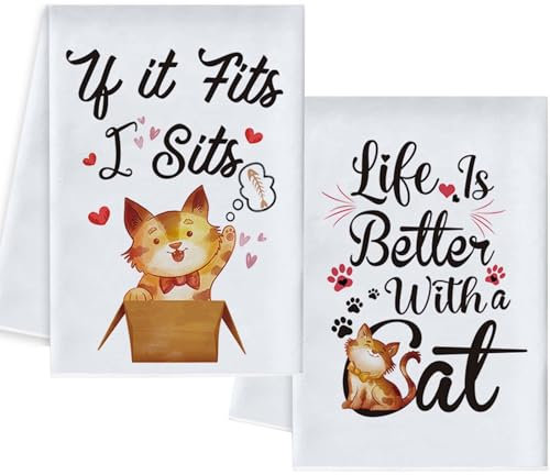 Vspek Paños de Cocina Decorativos, Trapos Cocina Algodon, 2 Piezas Blanco Paños de Platos de Gatos Toalla de Mano, Graciosos para Mujer, 45 * 66 CM