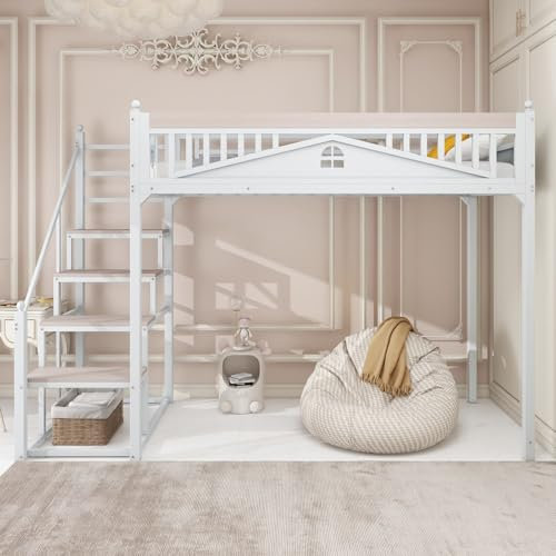 KOMHTOM 90x200cm Simple Lit en Mezzanine en métal Multifonctionnel Lit Superposé avec échelle à Grimper Interchangeable de Gauche à Droite(sans Matelas) (Blanc, 90x200 cm)