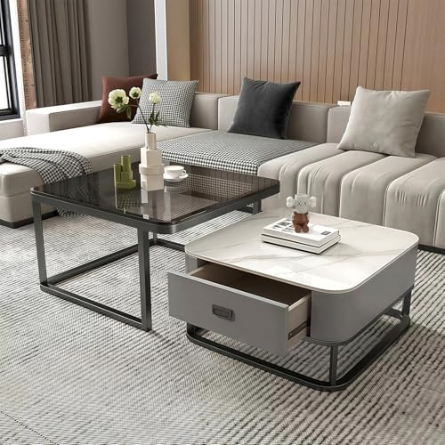 Coffee Table with Storage,Square Nest of Tables, Multi-functional Side Table with Tempered Glass and Marble Board Top, Nesting Tables for Living Room Bedroom Office (Square Grey)