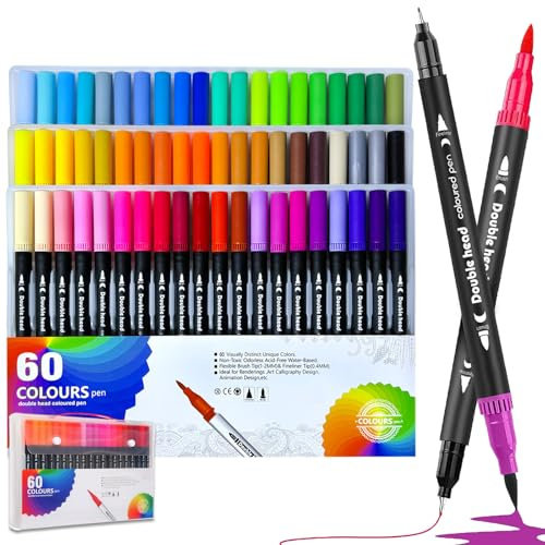 Lurmivex 60 Colours Dual Tip Brush Pens Colouring Pens for Adults & Beginners, Fineliner and Felt Tip Coloured Pens, Art Markers Set for Drawing Painting Calligraphy Sketching