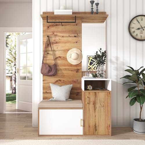 Oslghy Garderobenset Wandgarderobe, Flurgarderobe Set mit Schuhbank Spiegel und Kissen, Schuhschrank Garderoben Set mit 4 Kleiderhaken und Türen, Kompaktgarderobe für Flurmöbel, 105x40x191.5cm (White)