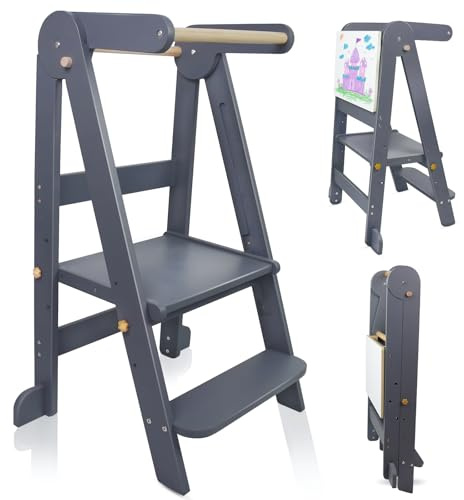 Foldable Kitchen Tower, Learning Tower with 3 Adjustable Height, Kitchen Step Stool for Kids with Magnetic Whiteboards 1-6 Years Children Stool
