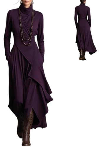 Vestiti Bodycon da Donna, Stile Bohémien, in Cotone Elasticizzato, con Scollo a Tartaruga, Asimmetrico, Drappeggiato, Maxi Abito Invernale a Maniche Lunghe, da Cocktail, Viola, M