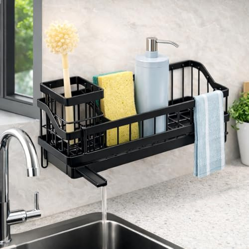 PWRco Wall Mounted Sink Caddy with 360° Drain Spout & Drip Tray, Self Adhesive Kitchen Drying Rack & Sink Organizer, Ventilated Sponge Holder with Dish Towel Rack, Iron Countertop Rack BLACK