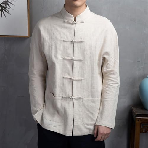 Chaqueta de traje chino Tang para hombre, uniforme tradicional de Kung Fu con cuello mandarín, camisa de mezcla de lino y algodón para práctica de Tai Chi, estilo casual asiático, con botones