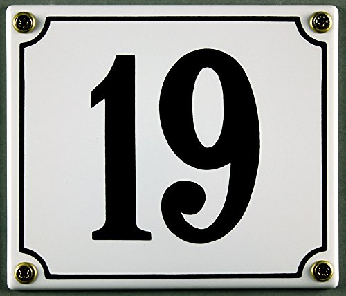Emaille Hausnummernschild - Wählen Sie Ihre Nummer - Zahlen 1 bis 30 verfügbar - weiß/schwarz 12x12 cm und 12x14cm - sofort lieferbar! Hausnummer Schild wetterfest und lichtecht (19 weiß/schwarz 12x14cm)