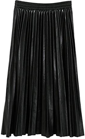 SUNFURA Women's Winter Faux Leather Elastic Waist Swing Flare Pleated Skirt, Black
