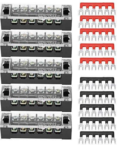 Keenso Klemmenleiste, 5 Stück zweireihig 6 Positionen 600V 15A Schraubklemmenblock + vorisolierte Klemmensperrleiste Verteilerleiste für Elektronischen Schaltkreisen Maschinen(6 Position)