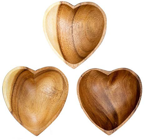 levandeo Juego de 3 cuencos de madera de acacia, 10 x 3 cm, diseño de corazón, fruta, pan, decoración única