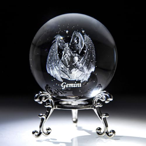 HDCRYSTALGIFTS 3D-Konstellation-Kristallkugel, 60 mm, Kristall-Briefbeschwerer, volle Kugel, Glas-Fengshui mit versilbertem Blumenständer (Zwillinge)