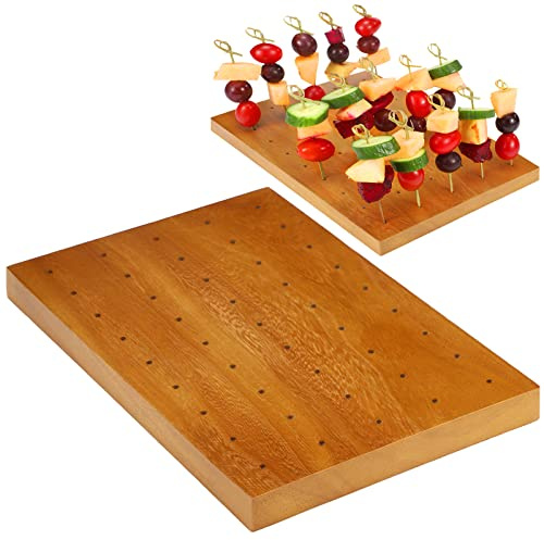 Wooden Food Skewer Holder Pick Stand and Display Holder Catering Appetizer Fruit Skewer Stand Food Display Rectangular Board with Holes for Catering(11.42 x 7.87 Inch,Rectangle Style)