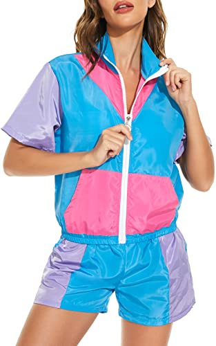 Yisfri Women's Color Block Windbreaker 2 Piece Outfits Short Sleeve Zip Front Elastic Waist Tracksuit Set, Blue, Large