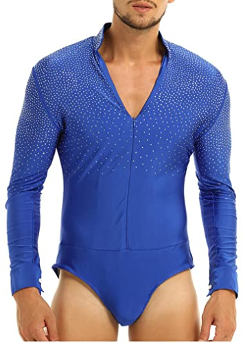 Yeahdor Men's Spandex Rhinestone Latin Ballroom Dance Tops Shirt Leotard V Neck Dancing Costume Dancewear Royal_Blue M