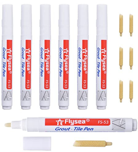 6 Pezzi Penna per Piastrelle Bagno, Penne per Stuccatura Impermeabili Penna per Malta, Pennarello per Fughe con Punta di Ricambio per Bagno, Cucina, Portico, Patio (Bianco)