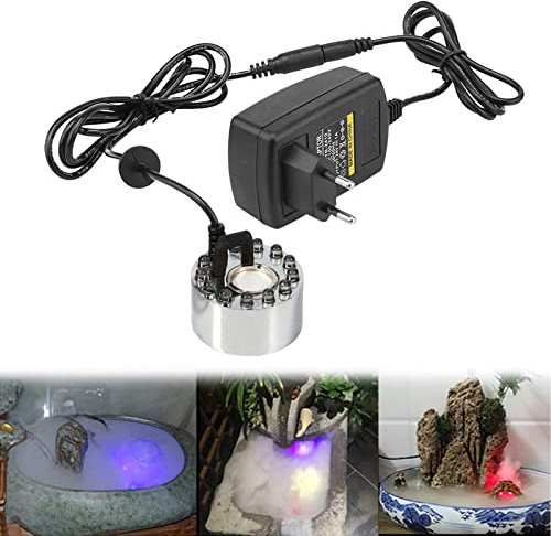 Hangrow Brumisateur à Ultrasons avec 12 LED Lumières Colorées, 24V Fontaine d'eau Étang Brouillard Machine, Ultrasons Mist Maker Fogger pour Réservoir de Poissons de Rocaille (avec Adaptateur)