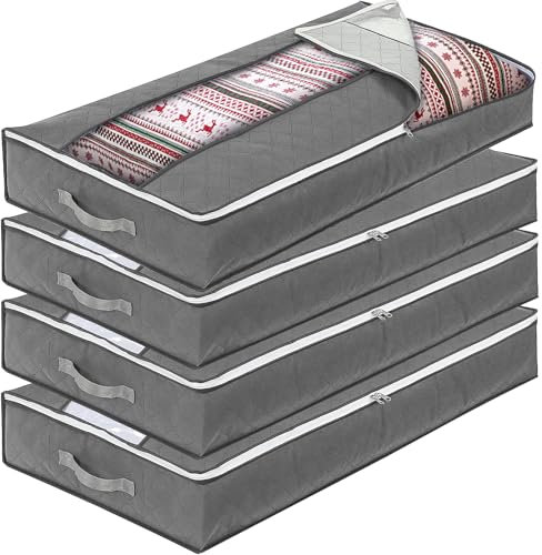 ENCOUN 4Stück Unterbettkommode, 95LUnterbett Aufbewahrungsbox, 100 * 50 * 18cm Unterbett-Aufbewahrungstasche Kleideraufbewahrung, Grau Bettkasten Aufbewahrung, Decken Organisator Lagerbehälter