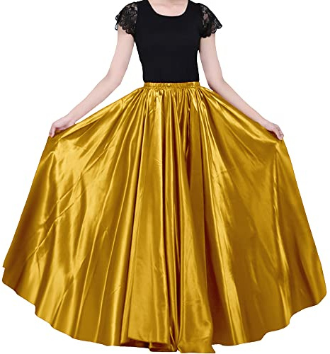 Backgarden Robe Longue midi en Satin pour Femme de 90 cm avec Taille élastique pour Danse du Ventre, fête de Princesse, Cosplay, Or Profond., Taille Unique