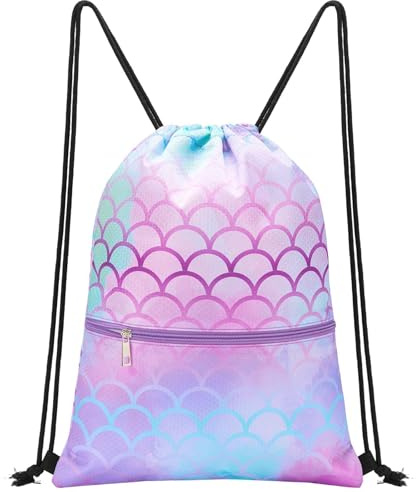 WAWSAM Sac à dos à Cordon pour Enfants - 34 x 45 cm Sac de Sport et de Sport étanche Plage Natation École Voyage Sac à dos Cadeau d'Anniversaire avec Poche Zippée (Sirène B001, Taille unique)
