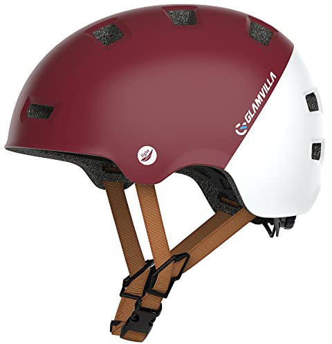 GLAMVILLA Skaterhelm Fahrradhelm Ultraleicht Stadthelm für Kinder/Damen/Herren,Verstellbar Unisex Schutzhelm für Skateboard E-Scooter Roller BMX,nur 260g/270/280g (Weinrot mit Weiß, L(57-61cm))