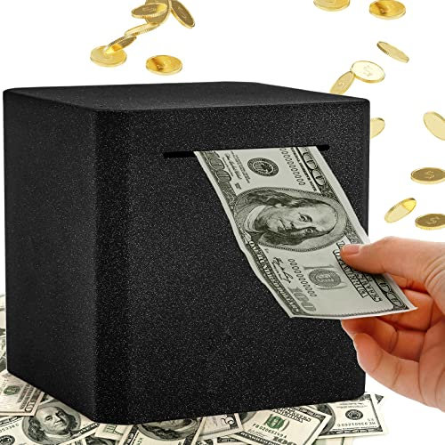 ZEAYEA Piggy Bank for Adults, Stainless Steel Adult Savings Bank to Help Budget and Save, Metal Money Bank Only Savings Box, Must Break to Open, 5.9X5.9X5.9, Black