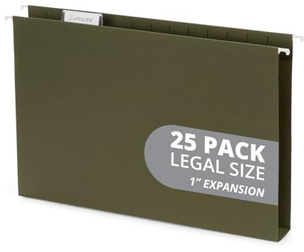 Blue Summit Supplies Legal Hanging File Folders, 25 Hanging Files with 1 Expansion, Includes 1/5 Cut Tab Inserts, Standard Green, Expanding Hanging Files with Extra Capacity, 25 Pack | Standard Green, 12.5pt, 1 in Expansion, Reinforced, Tabs Included, for Legal Charts, Files, and Manuals