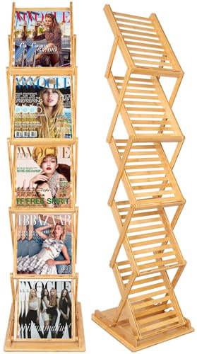 DuvinDD Foldable Bamboo Magazine Rack Floor, Portable Pop-up Display Stand, Magazine Rack 5 Pockets, A4 Size, for Trade Show, Office, Vendor, Craft Shows, 57 inch Tall
