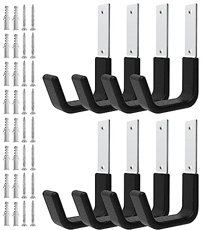 Juformin Heavy Duty Utility Hooks for Storage Wall Mount,Garage Wall Hooks for Hose, Bike, Ladder, Chainsaw, Leaf Blower Hanger (8 Small)