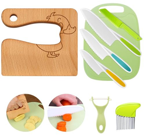 Kindermesser 8-teiliges Kinder-Küchenmesser-Set zum Schneiden und Kochen von Obst oder Gemüse für Kleinkinder, inklusive Holzmesser Schneidebrett Schäler(Ducklings)