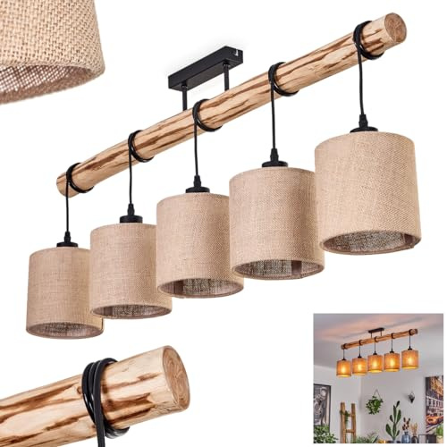 HOFSTEIN Deckenleuchte Soungou, verstellbare Deckenlampe aus Metall/Holz/Leinen in Schwarz/Natur/Beige, Leuchte im Boho/skandinavischen Design, Holzstab, max. 80cm, 5xE27, Wohnzimmer, Esszimmer, Küche