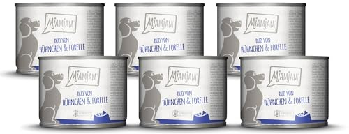 MjAMjAM - Nourriture Humide Premium pour Chiens - Duo de Poulet juteux & Truite aux courgettes cuites à la Vapeur, Paquet de 6 (6 x 200g), sans céréales avec Extra Viande