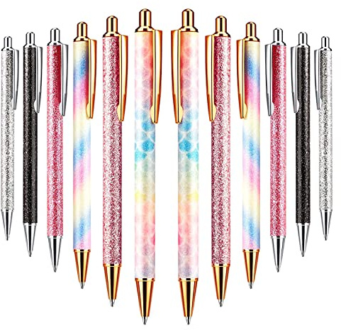 Yheonver 12 StüCk Glitter Kugelschreiber Stifte Rose Gold Click Kugelschreiber Stifte Metall Glitter Kugelschreiber Stifte Einziehbare Schwarze Tinte Mittel