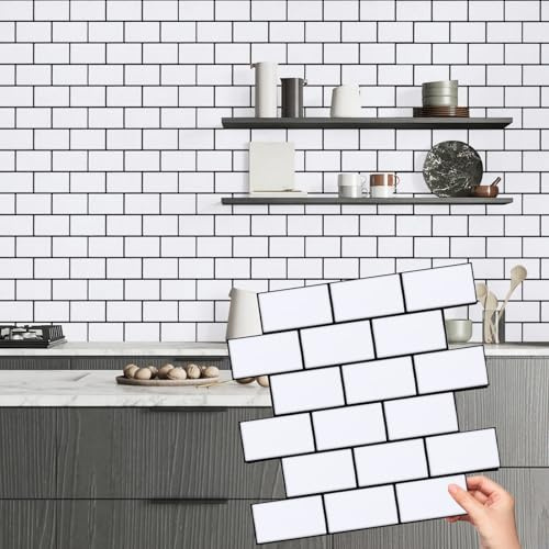 Alened White Peel and Stick on Tiles 12x12/10Pcs Self Adhesive Wall Tiles Waterproof Vinyl Subway Tile Stickers for Kitchen Backsplash Bathroom Decor