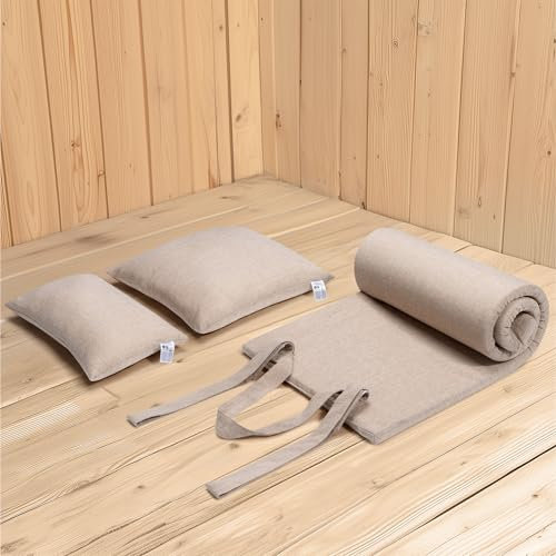 JEMIDI Set da 2 Cuscini e Materassino Arrotolabile - Comodo e Lavabile - Accessori Sauna Finlandese da Esterno - per SPA Piscina Lettino Prendisole Giardino - Effetto Lino - Beige
