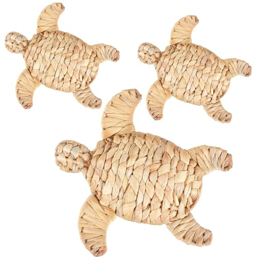 Threehoney 3 Pcs Turtle Beach Theme Decor 3 Size Handmade Wicker Turtle Wall Decor Sea Life Hanging Wall Art Coastal Nautical Sculpture Table Decoration for Boho Bathroom Indoor Outdoor Ornament