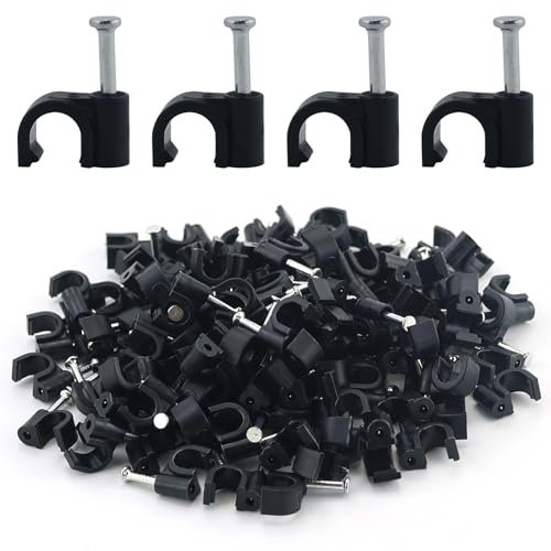 200 clips de cable redondos negros de 6 mm, clips de cable de gestión, abrazaderas de cable, pinzas de alambre, clavos, clavos, soportes de cable con clavos de acero