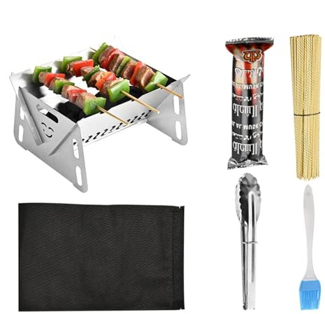 Generic Griglia pieghevole a carbonella – Griglia pieghevole da tavolo in acciaio inox | Griglia pieghevole con spazzola e clip per barbecue all'aperto, campeggio, viaggi, picnic, giardino