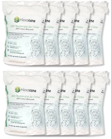 Hexacare - Lot de 10 Paquets de 200 Rectangles de Coton | Pads 8x10 cm Extra Doux pour Bébé et Démaquillage | 100% Fibres Naturelles | Hypoallergénique | Testé Dermatologiquement