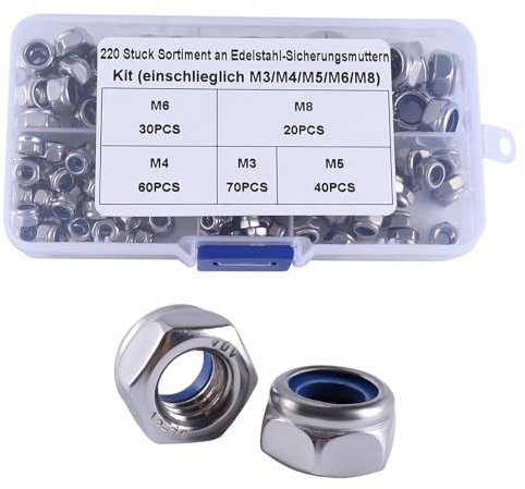 AOMIKITSTU Muttern Edelstahl 220 Stück, M3 M4 M5 M6 M8 Sechskantmutter, Flanschmutter, Setzmutter, Unterlegscheiben, Karosseriescheiben, Flügelmutter für Innen- und Außendekoration