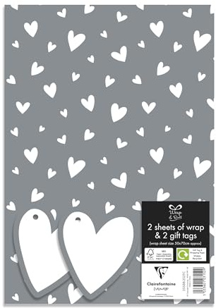 Eurowrap Geschenkpapier mit Herzen, Silberfarben und Weiß, für Hochzeiten, Valentinstag, Geburtstag, 2 Bögen und 2 Geschenkanhänger, 50 x 70 cm