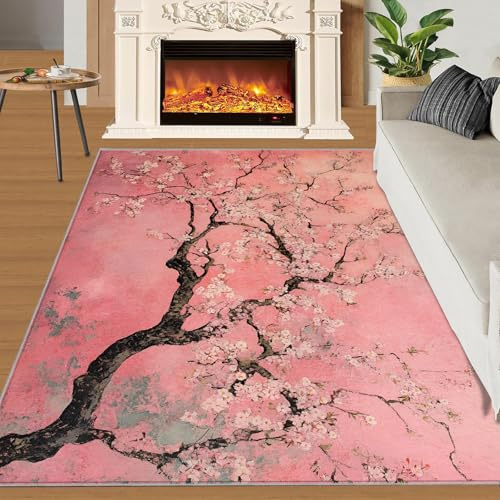 SANSJI Cherry Blossom Decorations - Japanese Cherry Blossom Rug, Elegant Floral Rugs for Living Room Bedroom, Washable Non Slip Soft Large Carpet, Oriental Style Area Rugs & Home Decor 150x180 cm