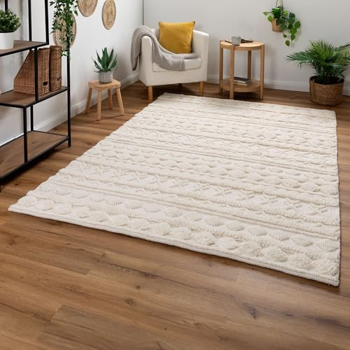 Steffensmeier Handweb Teppich Havana | Wolle, Weiß, handgewebt, Größe: 70x140 cm Wohnzimmer und Schlafzimmer