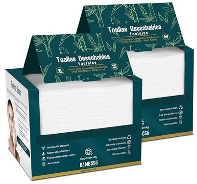 BAMBOSO Toallas Desechables Faciales Biodegradables Hechas de Bambú para Piel Sensible Pack de 2 con 100 unidades Tamaño XL Grande | Toallitas Faciales Desechables Secas Anti-Acné