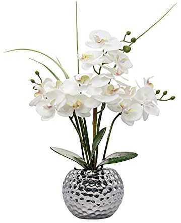 Briful Kunstblumen Orchidee Künstliche Kunstpflanze Phalaenopsis Blumen Deko Höhe 49 cm, Fest verankert im Keramiktopf (Weiß - Silk)