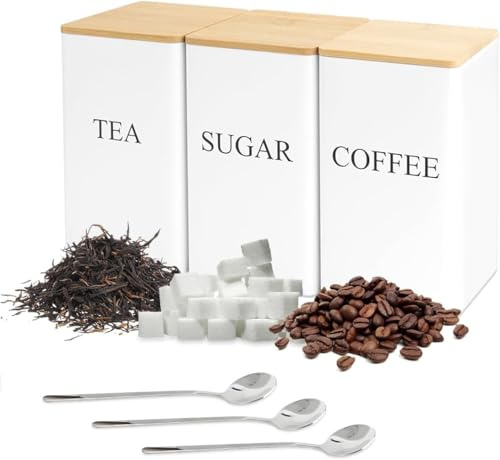 GIOTUK 3Pcs Tea Coffee Sugar Canisters Set with Spoons, 1000ml Metal Storage Jars with Airtight Bamboo Lids & Labels, Square Kitchen Canisters for Countertop Pantry (White)
