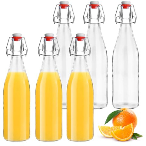 ACOMTUO Lot de 6 Bouteille Verre 500ml, Bouteille en Verre avec Bouchon Mécanique 500ml, Bouteille en Verre avec Bouchon, Bouteille Vide Verre pour Liqueurs, Huile, Vinaigrette, Bière, Jus, sirop