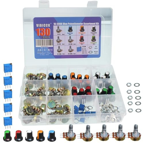 VIBICCK 130 Pieces of 1K-500K ohm Potentiometer Combination kit, Equipped with 3296W 1Kohm-100Kohm Multi Turn Micro Adjuster, with Nuts and washers (Plastic 130pcs)