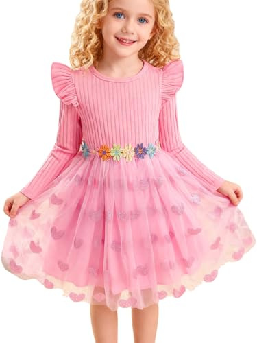 JiAmy Girls Flowers Embroidery Dresses Ribbed Knit Kids Lovely Tulle with Heart-Shaped Party Wedding Bridesmaid Long Sleeve Dress for Girl 6 Years, Pink